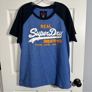Men's vintage logo raglan-sleeve SuperDry tee, blue/orange, size 2XL, casual